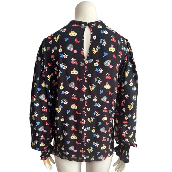 Boden Black Mock Neck Blouse with Colorful Flower and Cherries Design Women's 14 - Picture 6 of 14